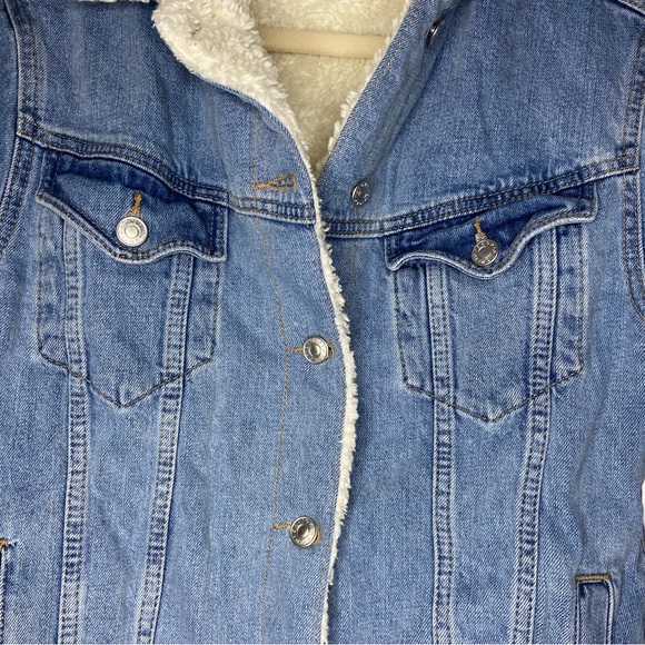 Top Shop Moto Custom Painted Sherpa Denim Jacket Size 0 - Picture 4 of 12